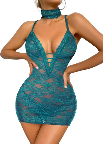 Vista 12 de Avidlove - Lencería de encaje para mujer, vestido camisón tipo babydoll con cuello halter Negro