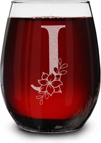 Vista 14 de Copa de vino sin tallo, con monograma floral, grabada con láser, 15 onzas, regalo inicial personalizado para ella (B)