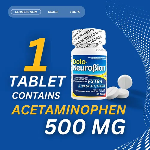Vista 2 de Dolo Neurobion Analgésico, reductor de fiebre, extra fuerza. Alivia el Dolor, Reduce la Fiebre, Extra Fuerte. 60 tabletas. Acetaminofeno 500 mg
