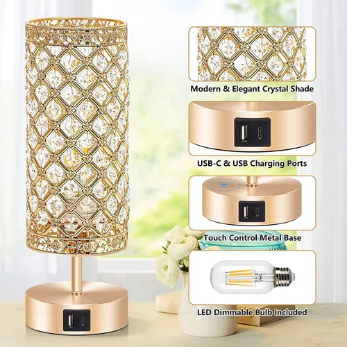 Vista 4 de Lámpara de mesa de cristal, lámpara de escritorio regulable K9 con control táctil, lámpara decorativa de cristal K9 con 2 puertos de carga USB