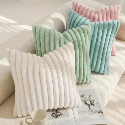 Vista 7 de decorUhome Fundas de almohada de piel sintética, juego de 2, decorativas, afelpadas, suaves, afelpadas, a rayas, parte posterior de terciopelo