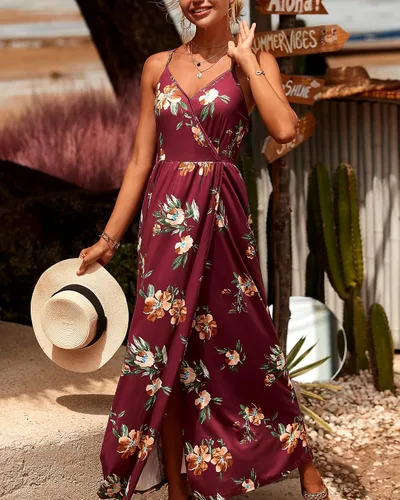 Vista 2 de II ININ - Vestido casual para mujer veraniego con cuello en V profundo estampado floral o color liso vestido largo con abertura para fiesta