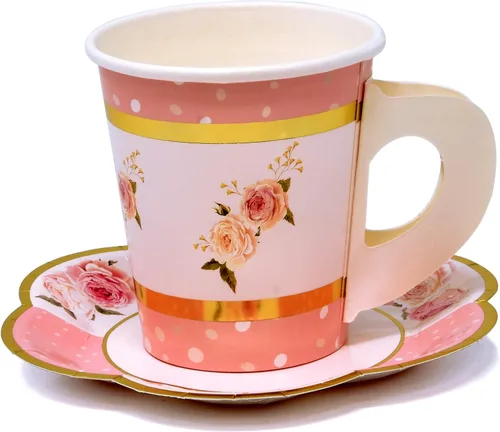 Vista 2 de Gift Boutique Juego de 36 tazas de té de papel con asas y 36 platillos en forma floral desechables para niños y adultos, cumpleaños, baby shower
