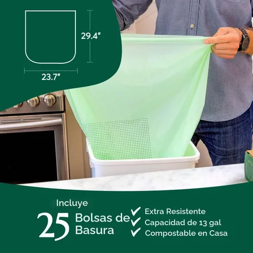 Vista 5 de Bolsas de basura compostables* Cleanomic con cordón (13 galones, 25 unidades, altas), certificadas BPI para compost de cocina