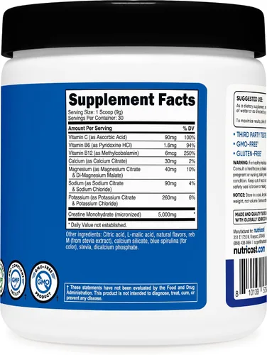 Vista 5 de Nutricost Monohidrato de creatina + hidratación con sabor a frambuesa azul (30 porciones) – 7 vitaminas y minerales, 5000 mg de creatina por porción