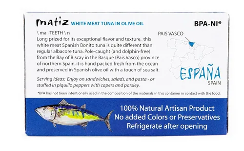 Vista 2 de Matiz Bonito Del Norte, 4 onzas, Atún de Carne Blanca en Aceite de Oliva (5 Latas)