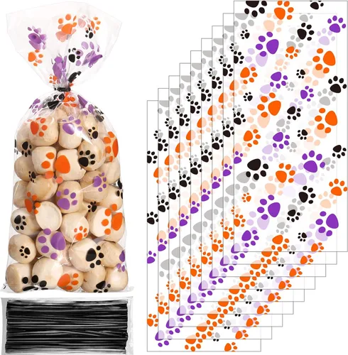 Vista 19 de Blulu 100 bolsas de golosinas para perros, recuerdos de fiesta para cachorros, bolsas de celofán con cono de pata de mascota, dulces sellables por