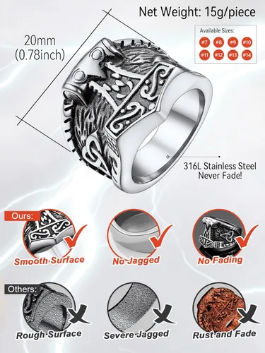 Vista 5 de FaithHeart Norse Viking Jewelry - Anillo de acero inoxidable de guerrero para hombre con diseño vikingo de cabeza de lobomartillo de Thor