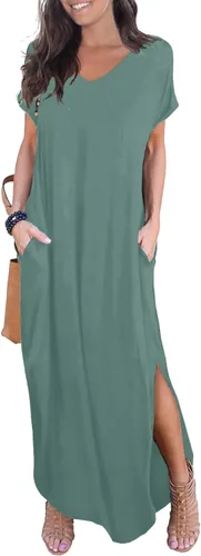 Vista 9 de GRECERELLE - Vestido largo para mujer, holgado, con bolsillos, manga corta y abertura lateral, estilo informal Verde militar