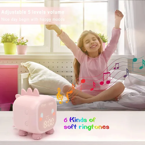Vista 4 de Reloj despertador para niños con diseño de dinosaurio, reloj despertador digital rosa para niños y niñas con luz nocturna