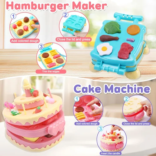 Vista 4 de Crelloci Juego de 4 en 1 de plastilina de colores para cocina, máquina de creación de helado, fideos, hamburguesas y pastel, juguetes de modelado