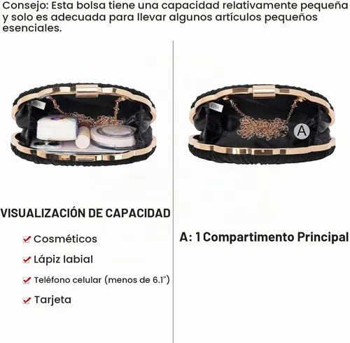 Vista 3 de RNIEGA Bolso de mano de noche plisado de satén para mujer, elegante bolso de mano con cadena para boda 1-negro