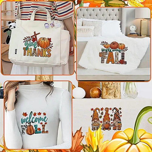 Vista 3 de Parches de planchado de otoño para ropa con diseño de calabaza, transferencias de planchado de otoño, hojas de arce, gnomo, pegatinas
