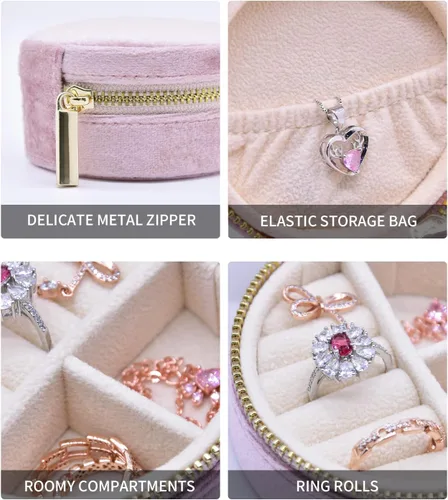 Vista 4 de TAIMY Estuche de viaje pequeño para joyería, mini joyero de viaje redondo para mujeres y niñas, mini cajas organizadoras de viaje para anillos