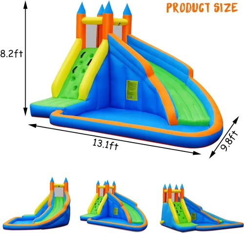 Vista 6 de GYMAX Casa inflable para saltar, tobogán acuático con pared de escalada y piscina de salpicaduras, fácil instalación, casa hinchable resistente