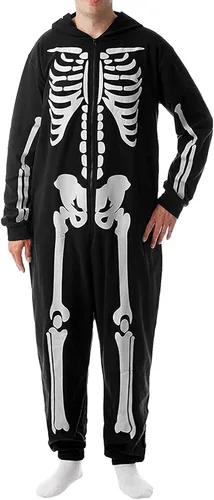 Vista 3 de Conjunto de Halloween familiar a juego de una pieza para cosplay, disfraz acogedor estampado de esqueleto con cremallera y capucha