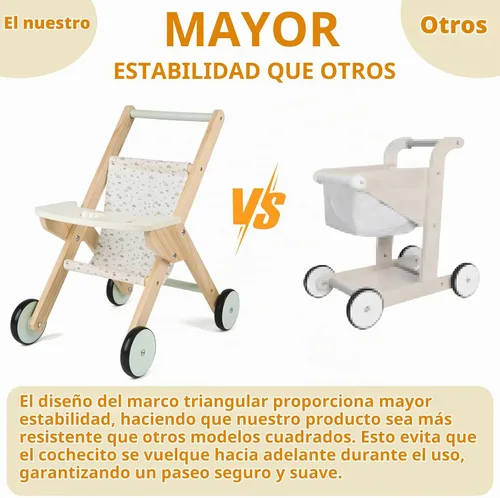 Vista 3 de Cochecito de muñeca de madera para caminar, cochecito de bebé para muñecas