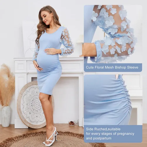 Vista 5 de Vestido midi de maternidad de manga larga con malla floral, vestido ajustado de maternidad para baby shower, sesión de fotos