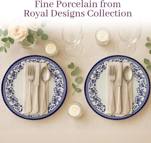 Vista 9 de TUDOR ROYAL - Juego de vajilla redonda de porcelana de 12 piezas, servicio para 4, diseño azul aster, multicolor floral, platos, tazones, tazas