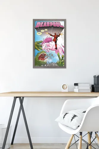 Vista 6 de Marvel Comics Deadpool - Póster de pared de unicornio, 22.4 pulgadas de largo x 14.7 pulgadas de ancho, versión enmarcada de madera de granero