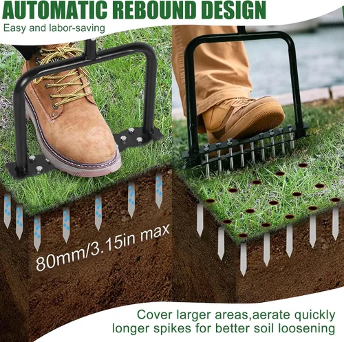 Vista 3 de Herramienta aireadora de césped, herramienta manual de acero inoxidable con base de resorte, diseño automático de limpieza de suciedad y hojas