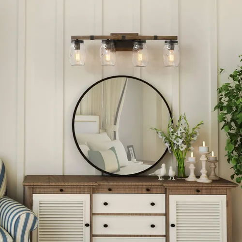 Vista 2 de LOG BARN Lámpara de tocador de baño rústica con vidrio Mason Jar Glass, apliques de pared de 4 luces, acabado de madera sintética, 29 pulgadas