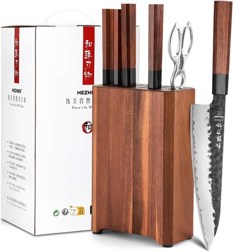 Vista 17 de Juego de cuchillos de cocina 4 piezas, cuchillo de chef de acero revestido Nakiri forjado Santoku, mango octogonal de madera