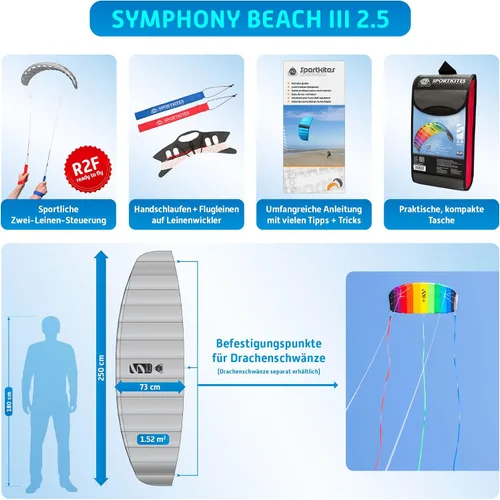 Vista 2 de HQ Symphony Beach III 2.5 Stunt Kite, arco iris, cometa deportiva de doble línea de aluminio