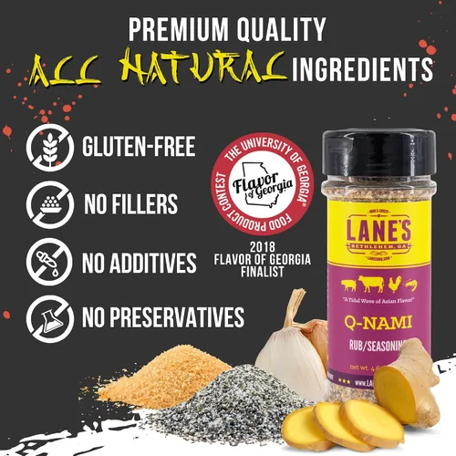 Vista 3 de Lane's BBQ Q-NAMI Rub Seasoning Sabor asiático Sin gluten Sin MSG ni conservantes (4 onzas)