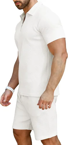 Vista 3 de KUYIGO Conjunto de camisa polo y pantalones cortos para hombre, trajes de verano a la moda, casual, de manga corta, traje de 2 piezas para hombre