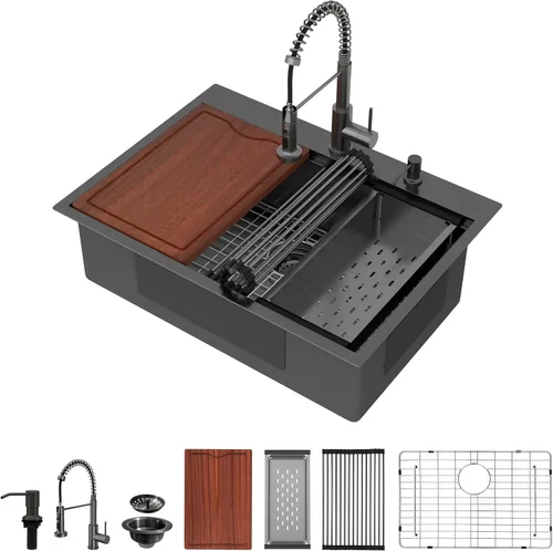 Vista 15 de Fregadero de cocina negro de 30"x19", estación de trabajo con revestimiento nano, acero inoxidable 304 calibre 16, hecho a mano, montaje superior