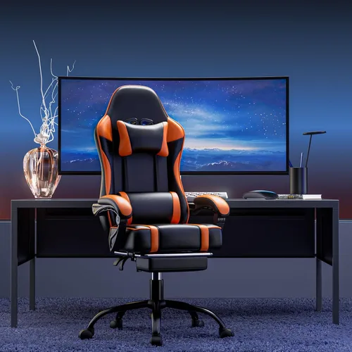 Vista 2 de Silla ergonómica para juegos con reposapiés en piel sintética Silla de oficina para jugadores adultos con soporte lumbar y función reclinable