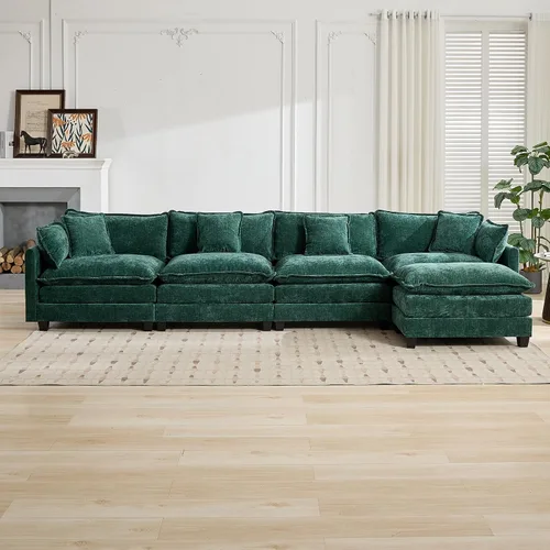 Vista 27 de Sofá seccional modular verde de 111.5", sofás seccionales grandes de 3 plazas para sala de estar, sofá nube oversized de tela chenille con otomana