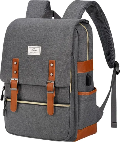 Vista 8 de Ronyes - Mochila vintage para laptop para mujeres y hombres, de 15.6 pulgadas, mochila casual de día con puerto de carga USB para trabajo