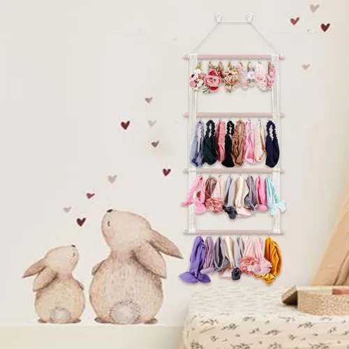Vista 3 de Organizador de lazos para el pelo para niñas, organizador de accesorios para el cabello de bebé, decoración para colgar en la pared para habitación