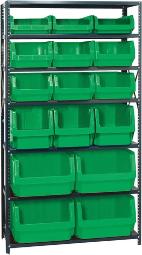 Vista 603 de Quantum QSBU-245BK Heavy Duty Shelving Unit with (7) Shelves and (24) QUS245 Black Bins for Garage Warehouse Storage Distribution 400 lb Load