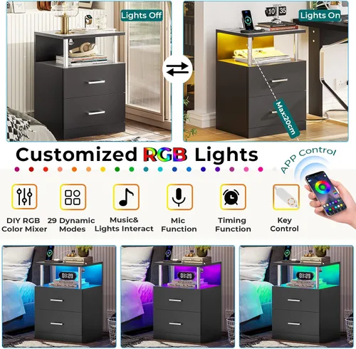 Vista 4 de VIAGDO - Mesa de noche negra con estación de carga y puertos USB, mesa de noche LED con 2 cajones, mesas de cabecera modernas con almacenamiento