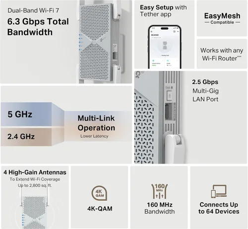 Vista 2 de TP-Link BE6300 Wi-Fi 7 Extensor de alcance RE403BE con puerto de 2.5G Repetidor inalámbrico de doble banda de 6.3 Gbps Amplificador de señal