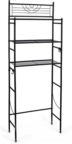 Vista 8 de Estante de almacenamiento de 3 niveles para baño sobre el inodoro, organizador de estante con marco de metal, con 4 ganchos, color negro
