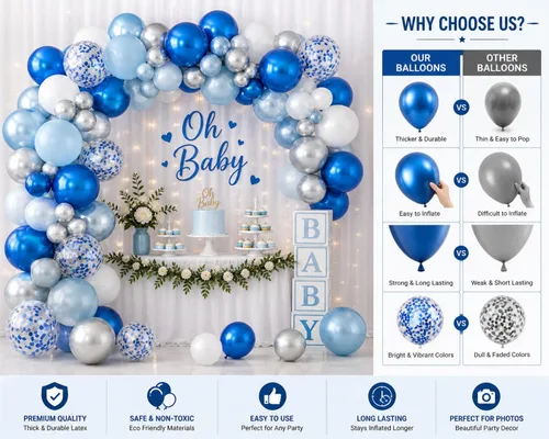 Vista 4 de Kit de guirnalda de globos azules y blancos plateados, 60 globos de látex de confeti azul cromado, blanco y plateado de 12 pulgadas para baby