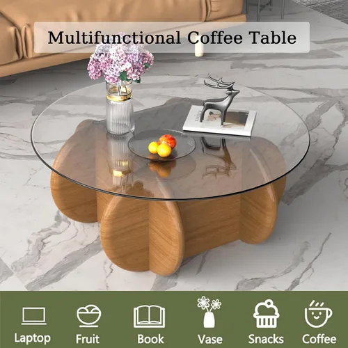 Vista 5 de Noguchi - Mesas de centro redondas transparentes de cristal con patas de madera maciza y mesa de vidrio templado para sala de estar, hogar, espacio