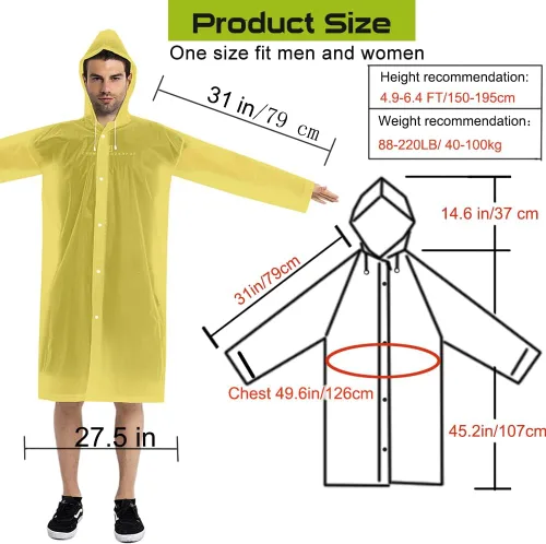 Vista 8 de Abrigos de lluvia (paquete de 2) – Ponchos de lluvia reutilizables de EVA para adultos, chaquetas impermeables para hombres y mujeres
