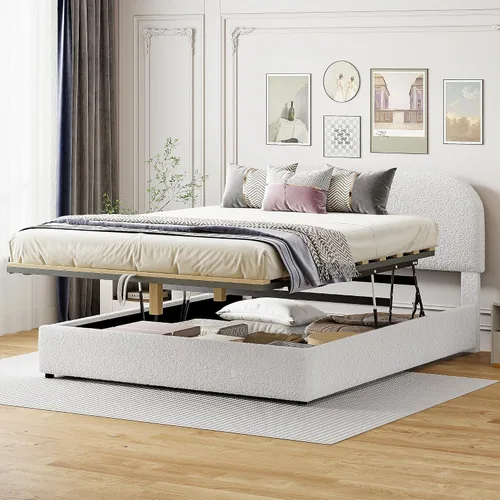 Vista 15 de Moderna cama tapizada de tamaño Queen, forro polar bereber grueso, base de colchón tapizada con cabecera copetuda y soporte de listones de madera