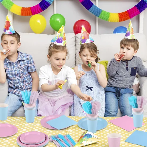 Vista 6 de durony Juego de vajilla de 216 piezas para fiesta de revelación de género para 24 invitados, platos de papel rosa y azul, platos de revelación