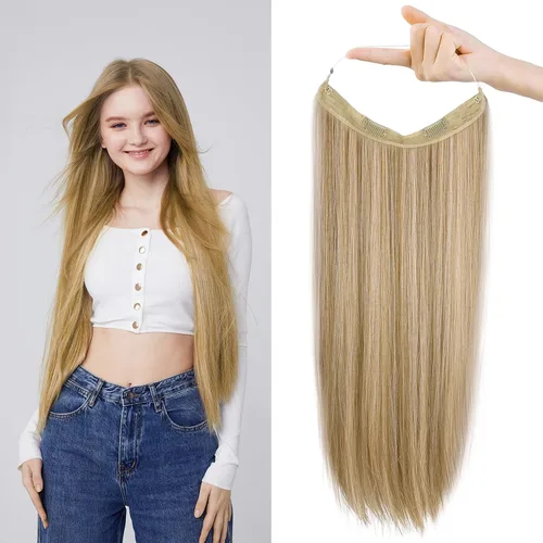 Vista 12 de REECHO - Extensiones de cabello con alambre invisible y con cintillo transparente, tamaño ajustable, clips seguros extraíbles, cabello lacio, diseño