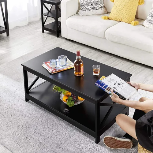 Vista 3 de Yaheetech Juego de mesa de madera de 3 piezas para sala de estar, incluye mesa auxiliar X-Design y dos mesas auxiliares de 3 niveles, muebles Negro