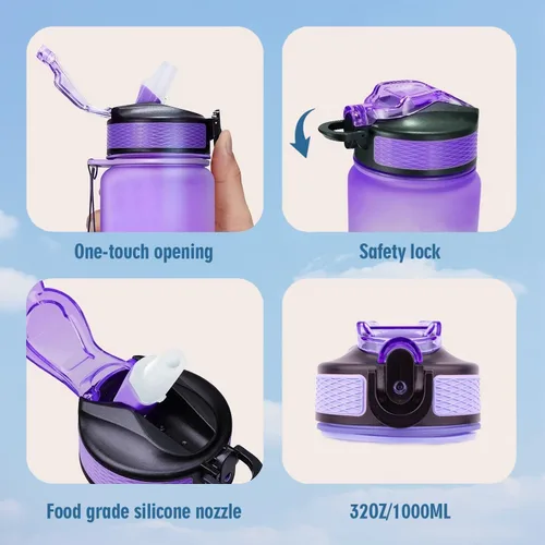 Vista 5 de Botellas de agua de 32 onzas, con marcador de tiempo, botella de agua reutilizable, botella de agua deportiva, botellas de agua de plástico, botella