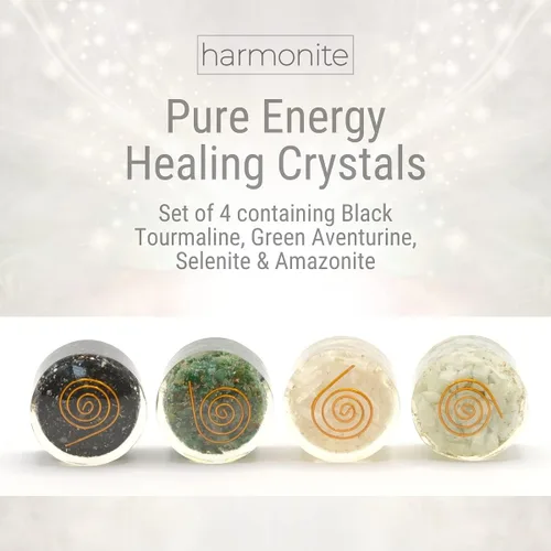 Vista 2 de 4 cristales de meditación y piedras curativas. Juego de regalo de relajación. Turmalina negra, aventurina verde, selenita y cristal de amazonita