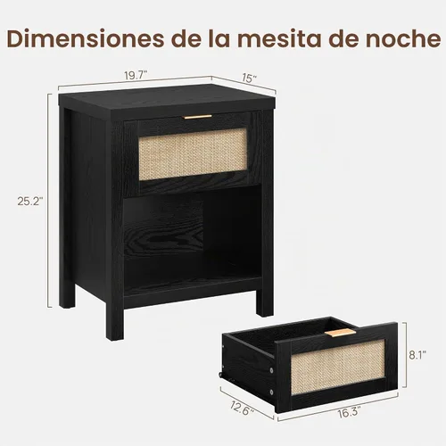 Vista 3 de SICOTAS Juego de 2 mesitas de noche de ratán negro con cajón de 19.7 Roble negro