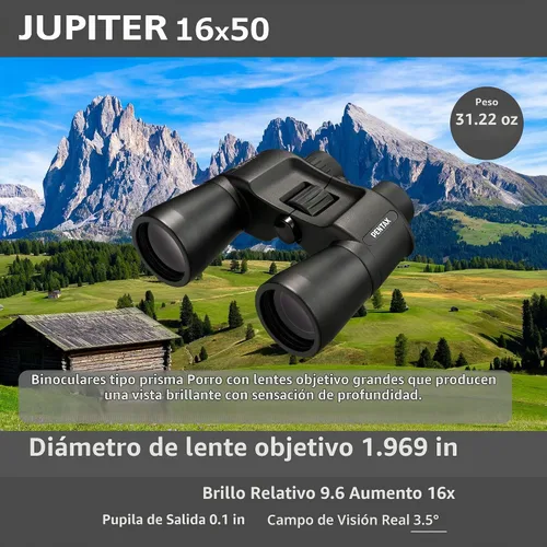 Vista 4 de Pentax Jupiter - Binocular de 16 x 50 pulgadas, fácil visión, gran apertura, prisma porro, color negro